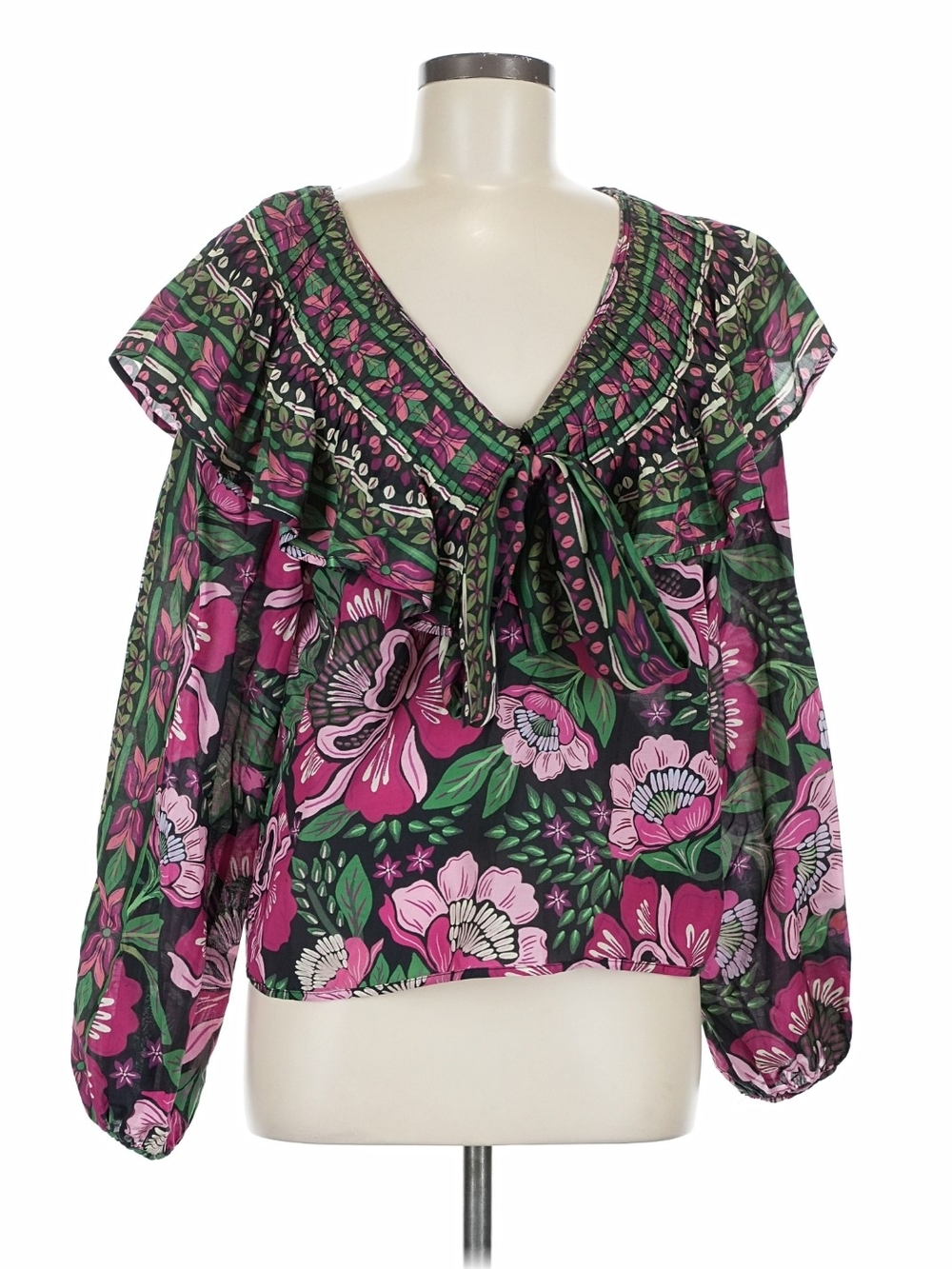 FARM Rio "Black Gardens Whimsical Floral" Long Sleeve Blouse - Picture 2 of 8